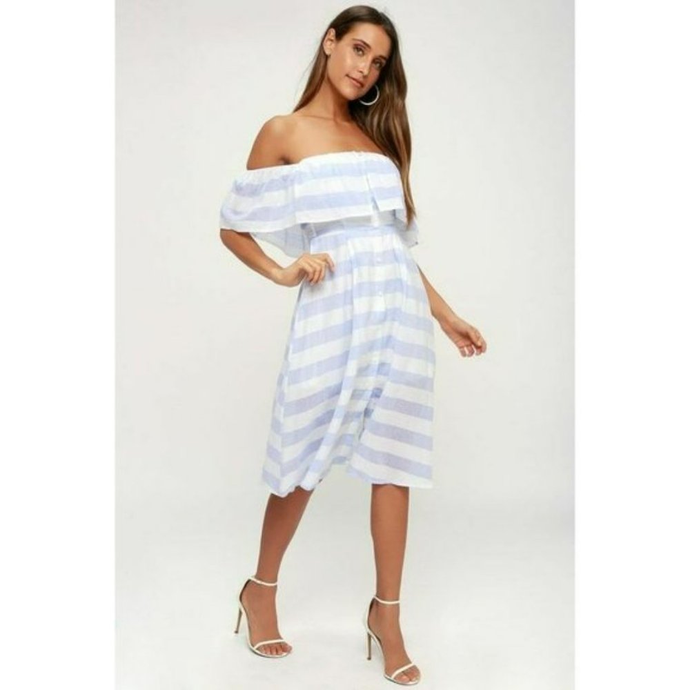 Lulu's Blue and White Striped Off-Shoulder Midi Dress
